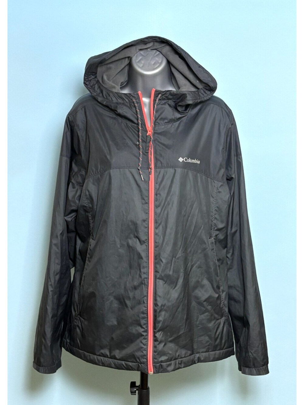 Columbia Hooded Jacket Women Large Black Pink Fleece Lined Windbreaker Rain Coat